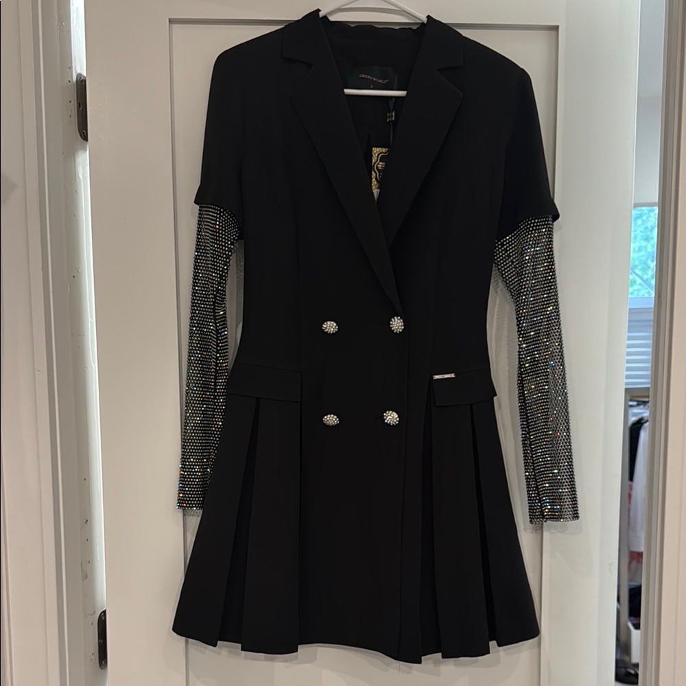 Green World Black Double-Breasted Dress with Sparkling Sheer Silver Sleeves